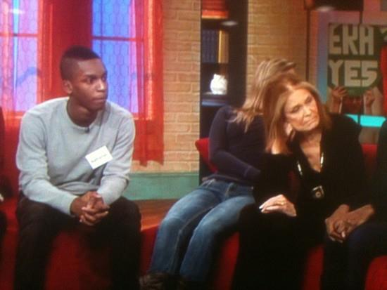 My feminism class student, Nathaniel, appeared on Nick News with Linda Ellerbee on a special episode when Gloria Steinem was also a guest to talk about the future of feminism (photo credit: Ileana Jiménez).